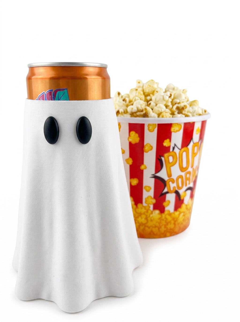 White ghost can koozie covering a canned drink beside popcorn on a clean white background