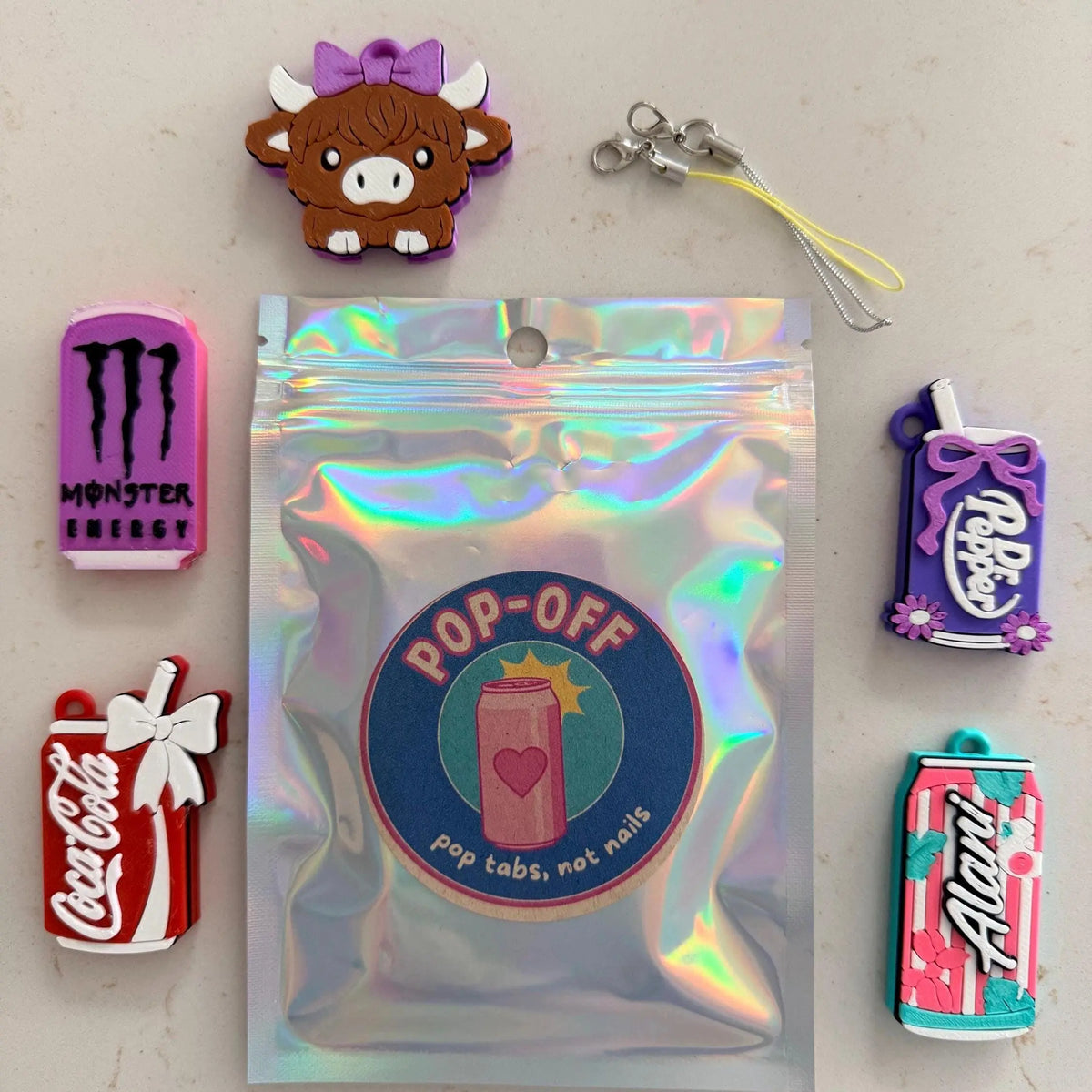 PopOff Highland Cow Can Tab Opener Keychain | Nail Saver Bag Charm, Manicure Aid | Nail-Tech Gift Pocket Magic