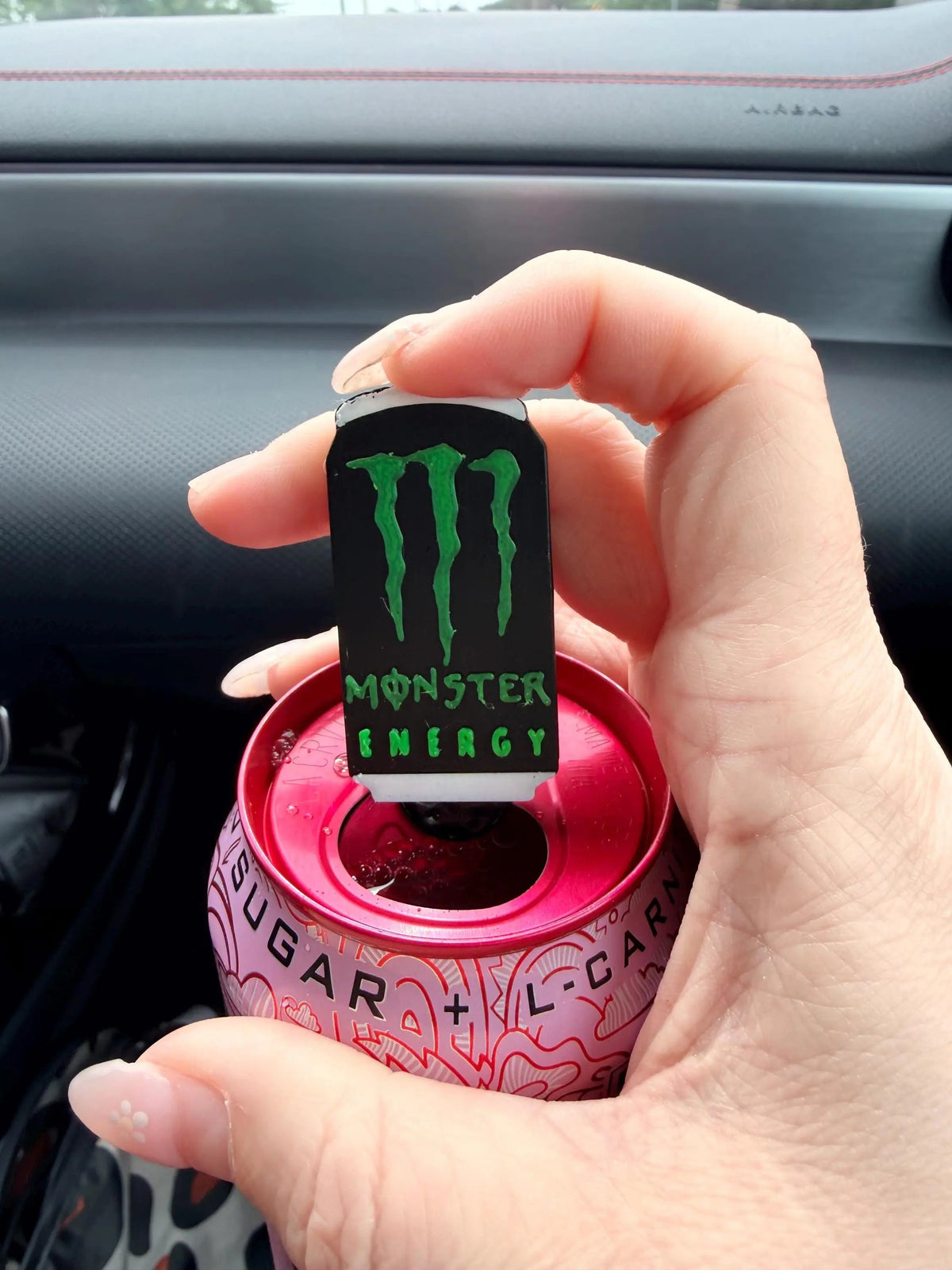Green Monster-inspired PopOff can tab opener keychain for energy drinks