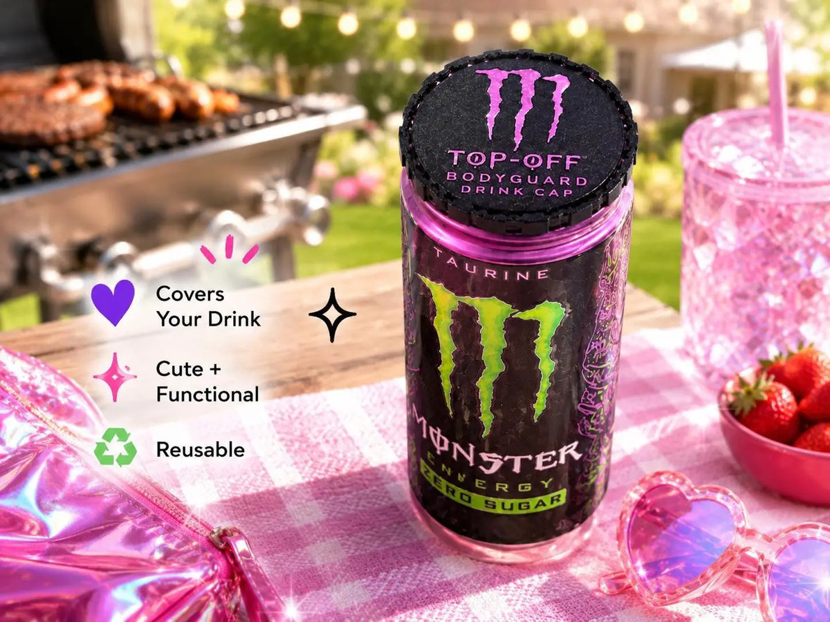 Monster-inspired TopOff reusable can cover for standard 12 oz cans