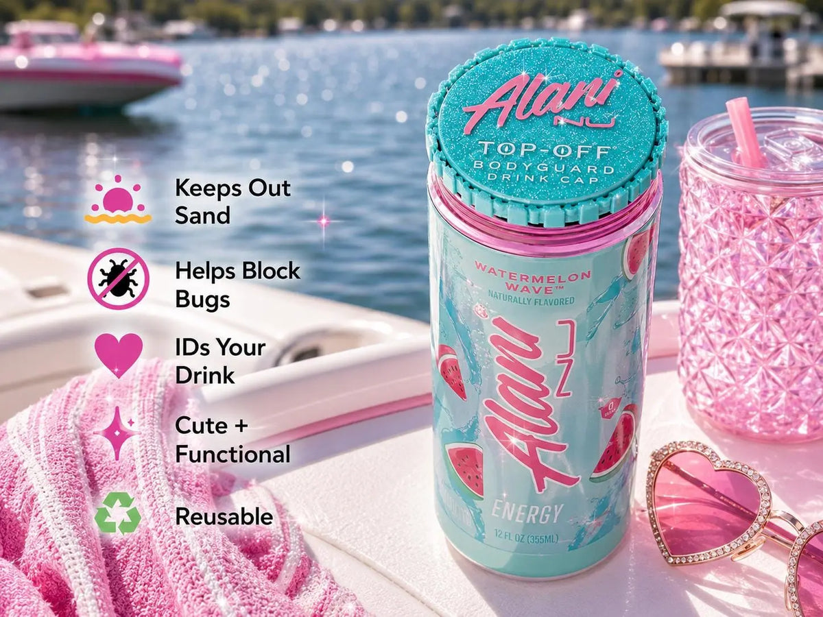Pink and teal Alani-inspired TopOff reusable can cover for standard 12 oz cans
