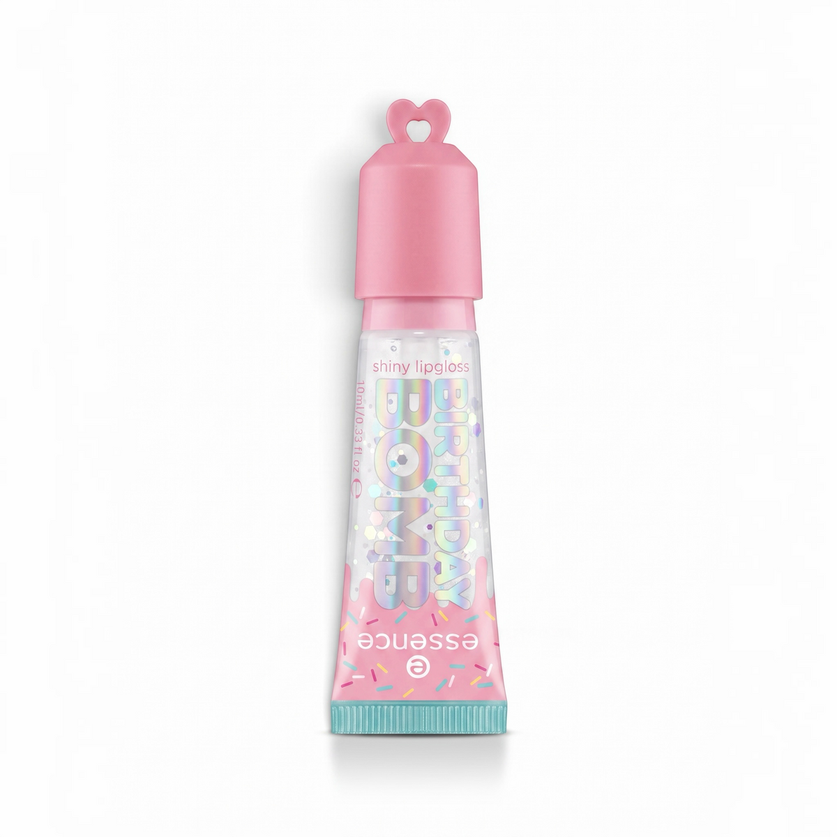 Pocket Magic essence Birthday BOMB shiny lip gloss in a clear tube with pink cap and colorful sprinkle design